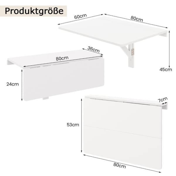 Vegghengt sammenleggbart bord Plassbesparende kjøkkenbord sammenleggbart veggbord 80 x 60 cm Hvit