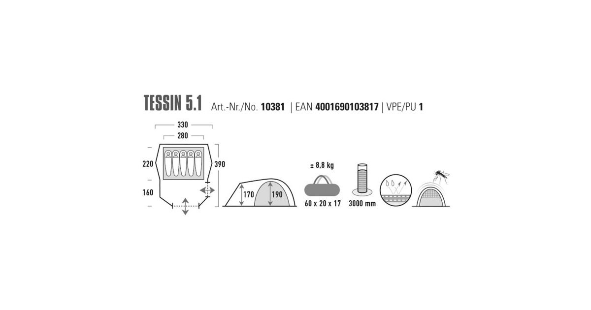 High PeakTessin 5.1 tent  (Donkergroen/grijs, Climate Protection 80)