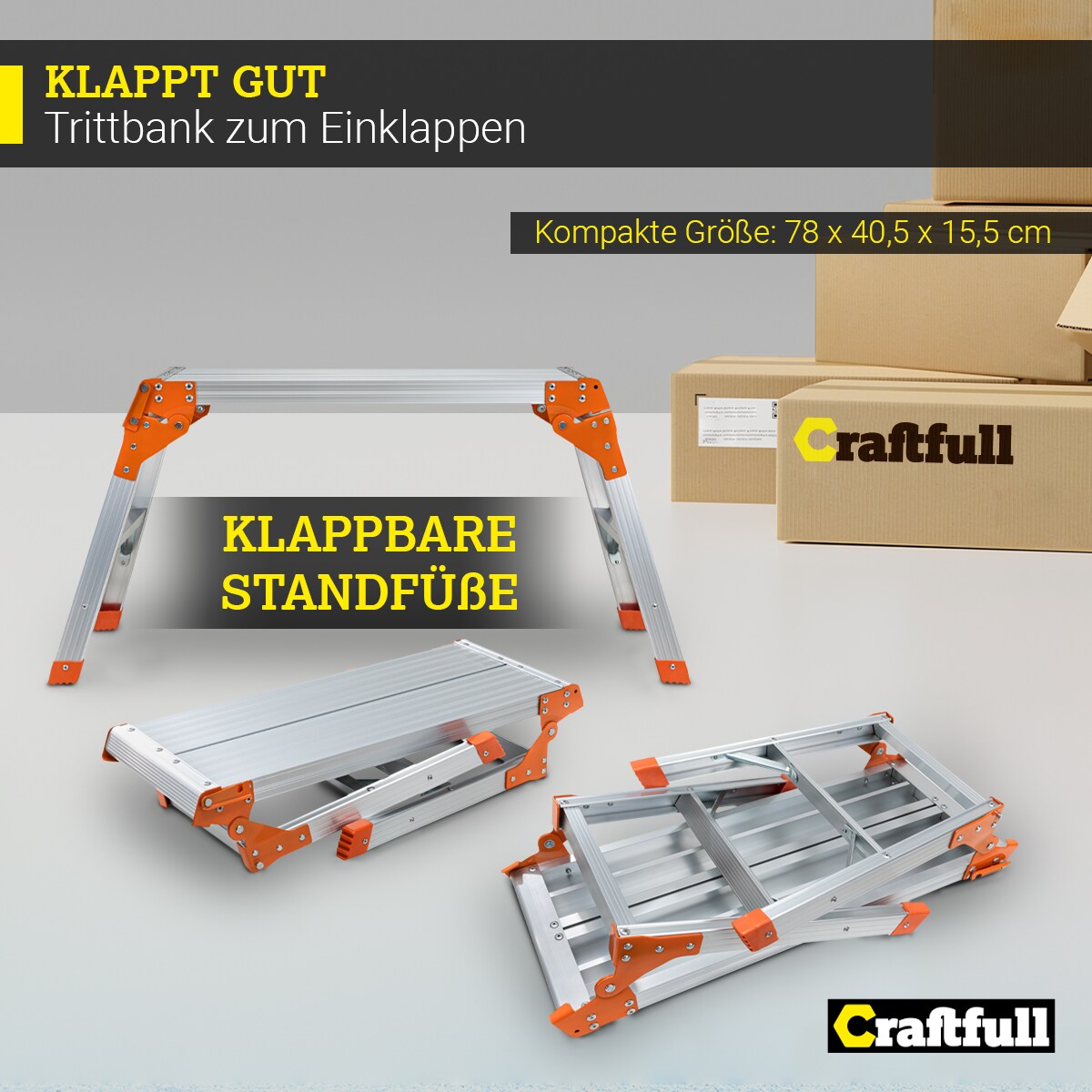 Craftfull Arbeitsplattform CF-107A, klappbar, Sicherheitsbügel, Arbeitspodest aus Aluminium, 150 kg (Silber/Orange)