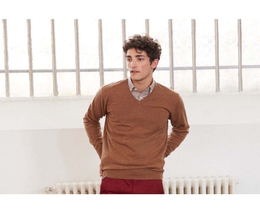Pull homme laine col V Noisette Chiné - ELIAN