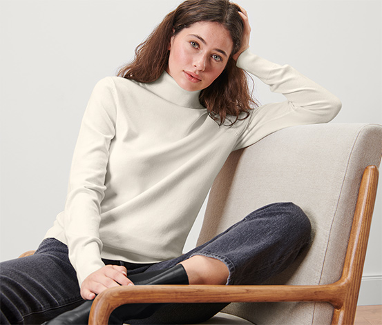 Feinstrick-Rollkragenpullover, cremeweiß