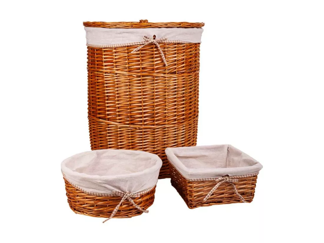 Set de corbeille à linge et deux paniers en osier doublés marrons
