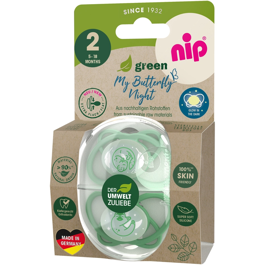 nip® Nachtschnuller My Butterfly Night Green, Größe 2 (5-18 Monate), Silikon Grün