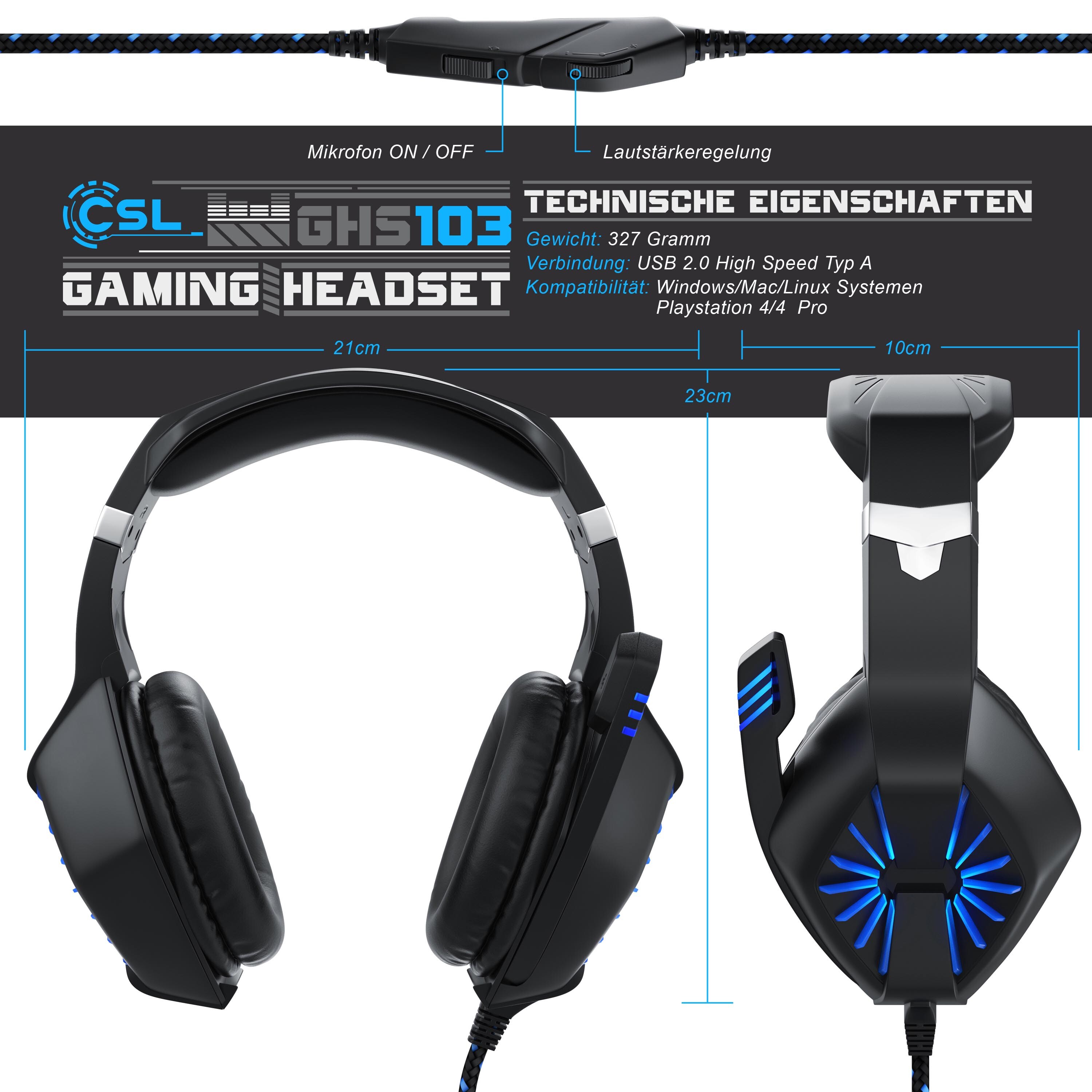 CSL USB Gaming Headset GHS-102 mit Mikrofon - Kopfhörer für PC (Win XP/7/8/8.1/10), PS4/4 Pro