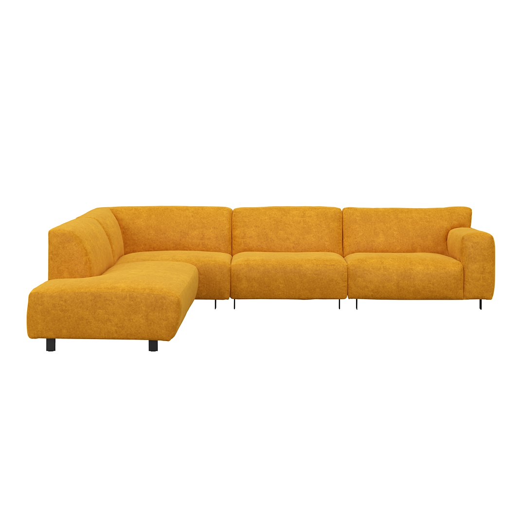 Vesta hjørnesofa 3-seter med åpen ende venstre, Big hjørnemodul, Tekstil Eros Mustard, standardsøm, sort metallben 10 cm, Comfort CM