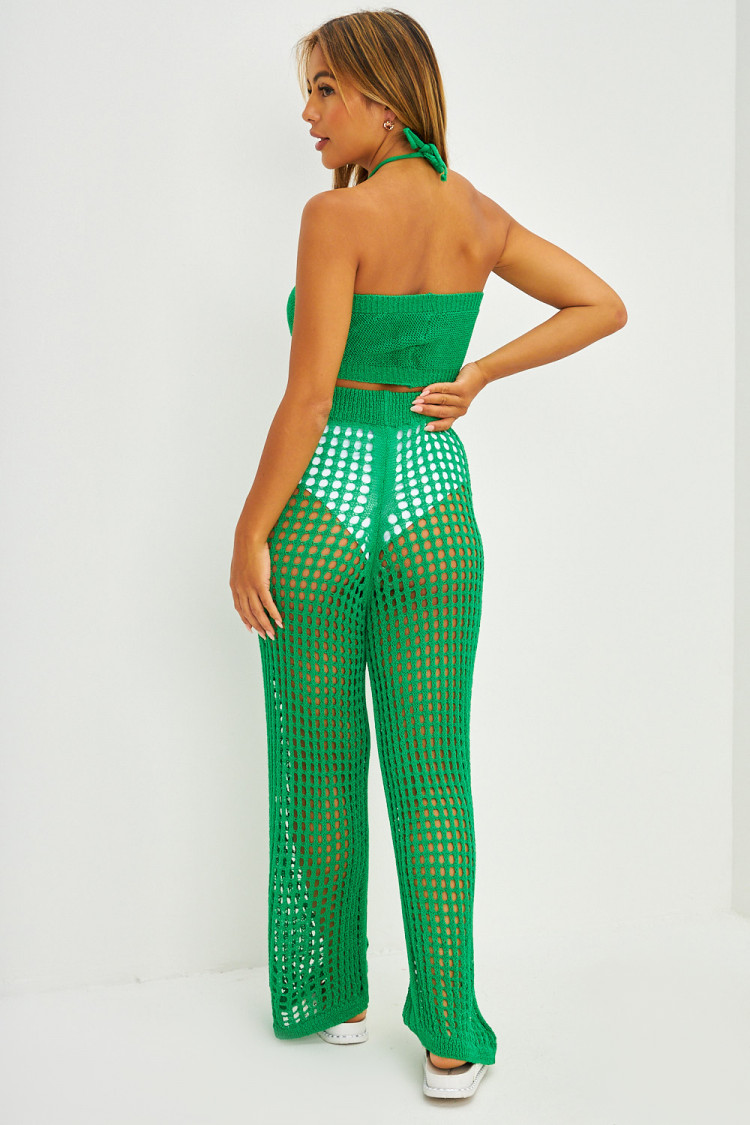 Ensemble top bandeau + pantalon en maille ajourée vert