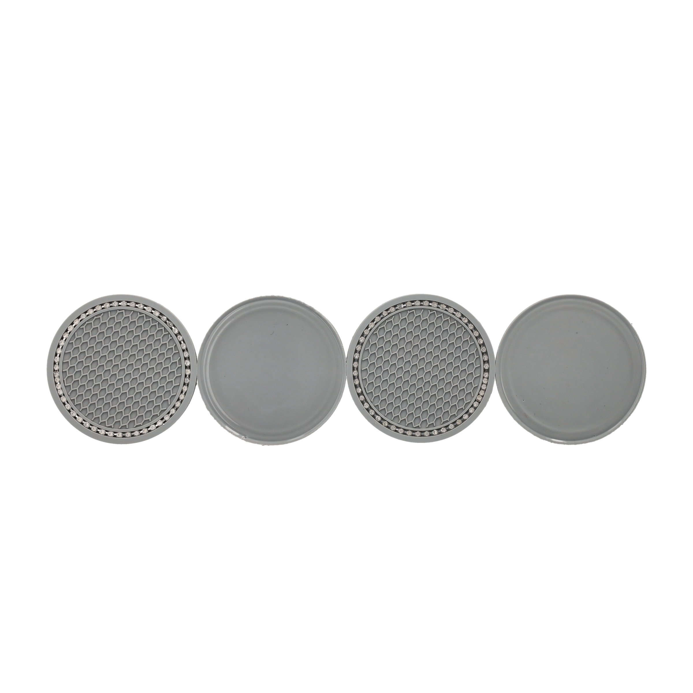 (4er Set) Ø7cm Auto Anti-Rutsch Glitzer Getränke Untersetzer Strassstein Accessoire - Grau / Silber