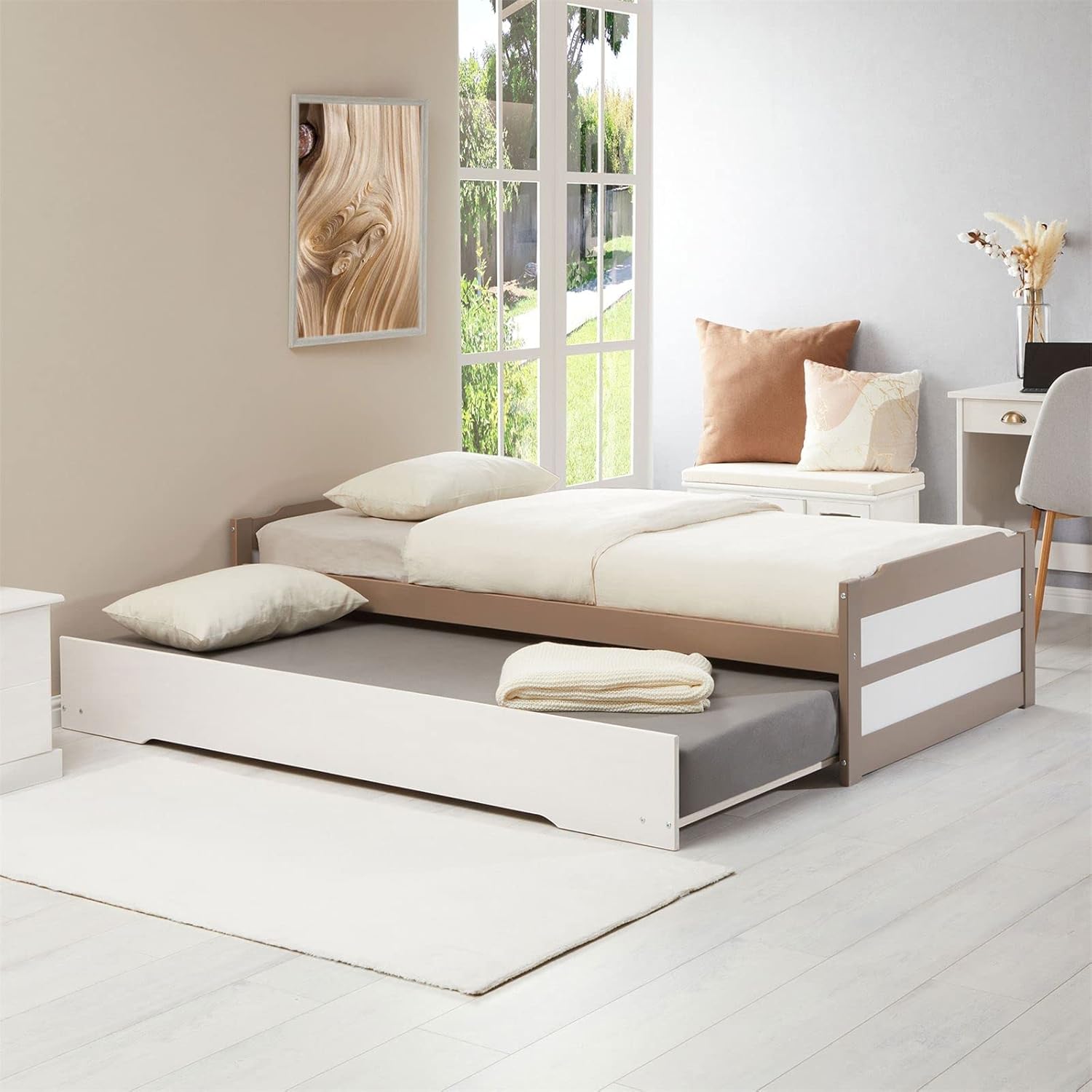 IDIMEX Ausziehbett Lorena in 90 x 190 cm, schönes Tagesbett aus Kiefer massiv in Taupe/weiß, praktisches Jugendbett mit Auszugskasten