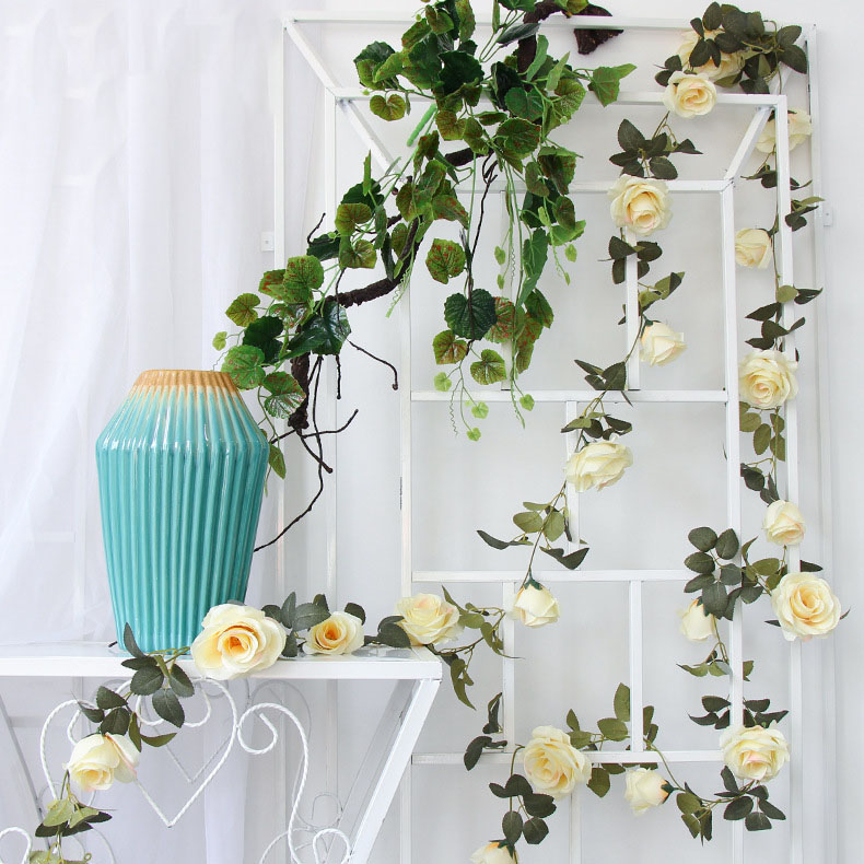 (2m) Deko Kunstblumen Rosen Girlande - Creme