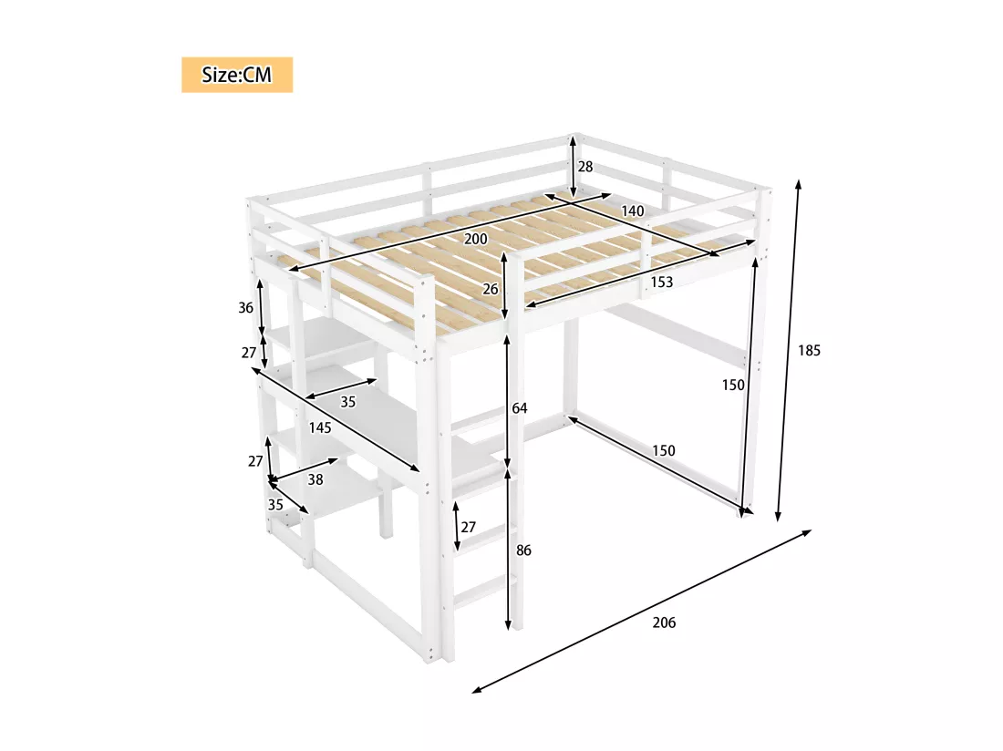 Lit mezzanine 140x200cm en bois massif - avec bureau et étagères - Blanc