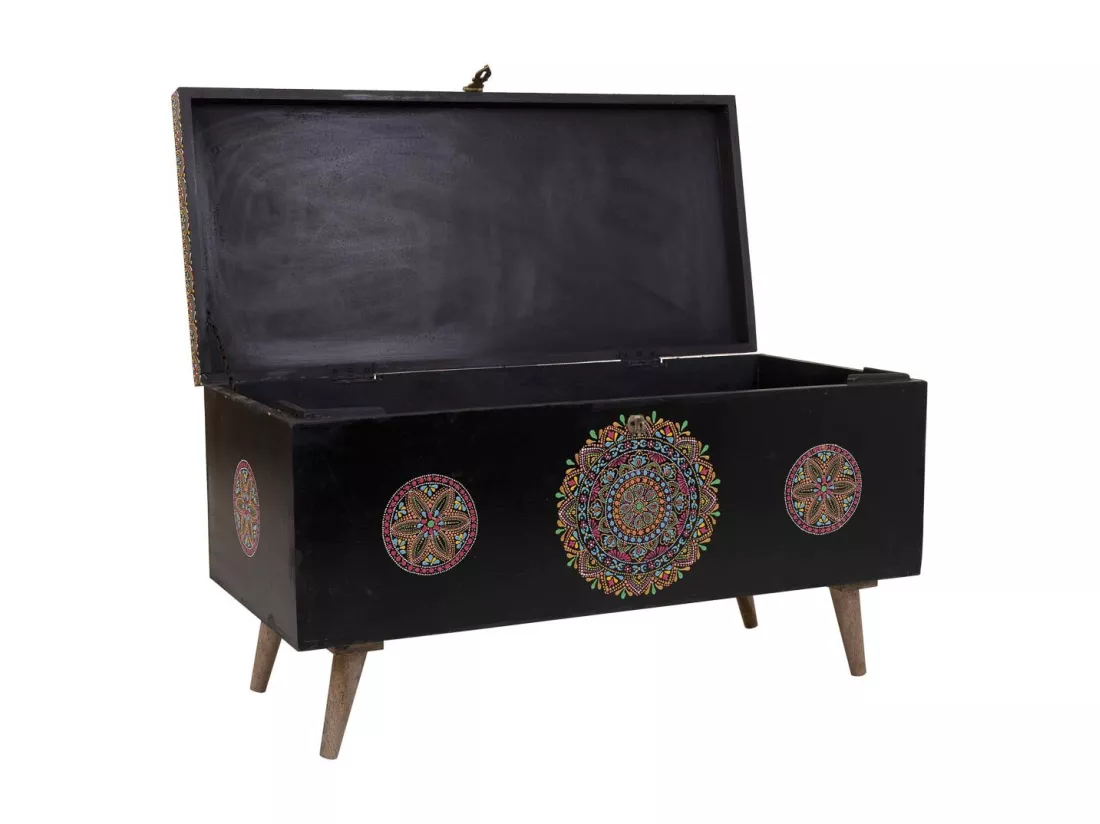 Coffre en bois peint artisanal noir 89x40x48h