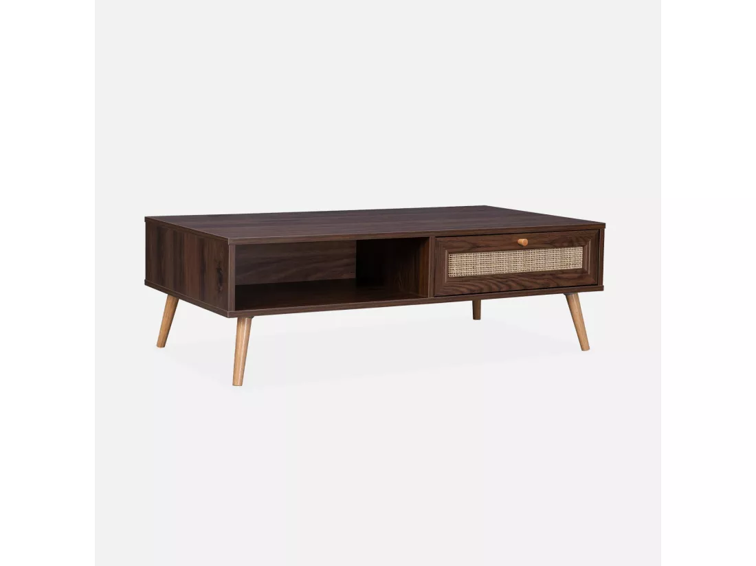 Table basse en cannage 110x59x39cm - Bohème - couleur bois foncé. 1 tiroir. 1 espace de rangement. pieds scandinaves