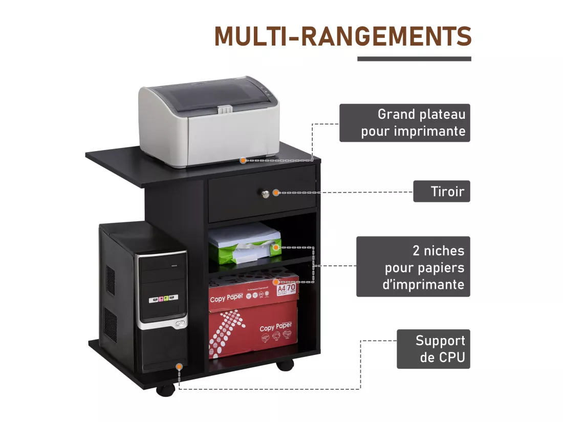 Support d'imprimante organiseur bureau caisson 2 niches tiroir espace CPU + grand plateau panneaux particules noir