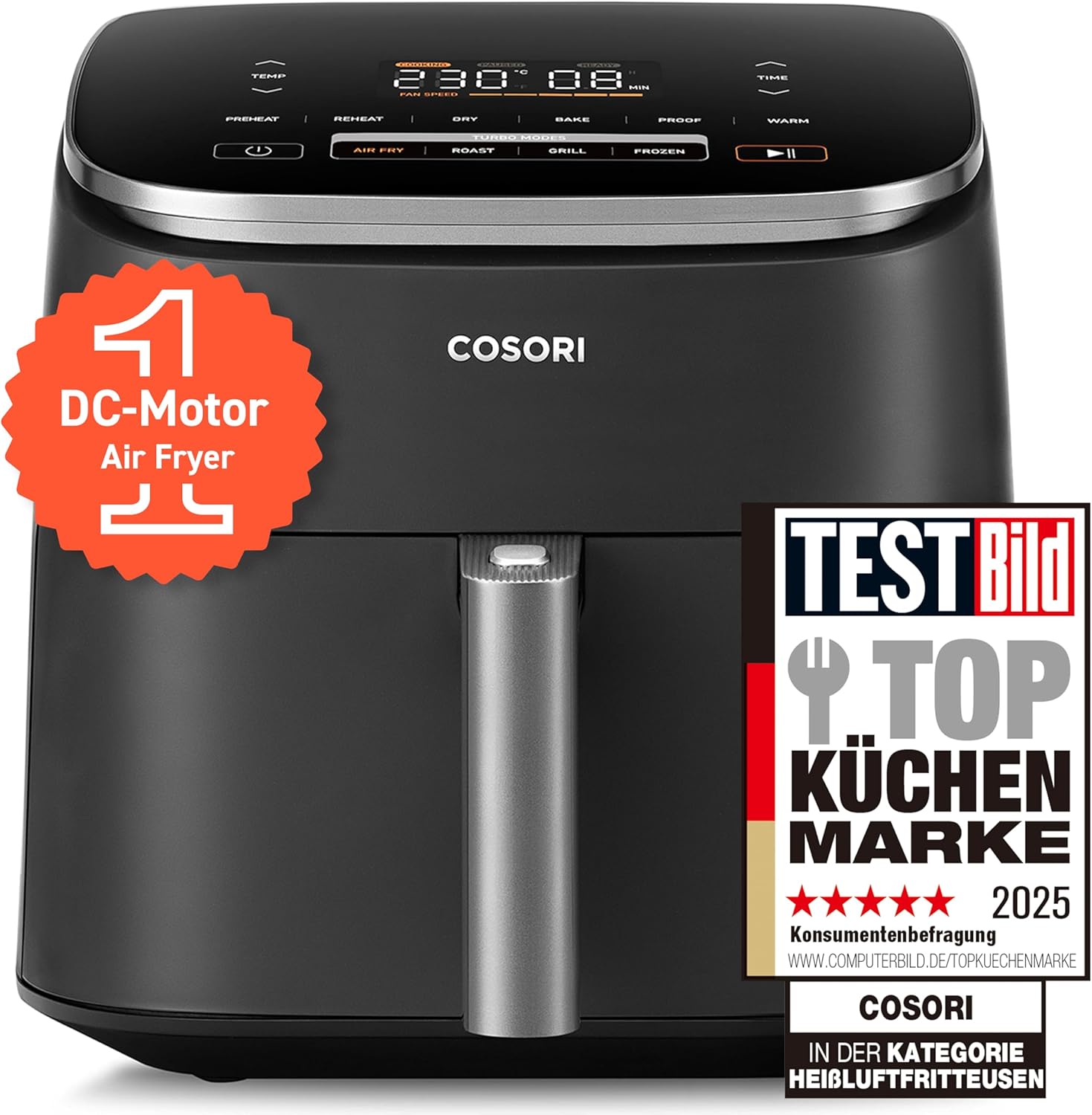 Cosori Turboblaze Airfryer Heißluftfritteuse, 9-in-1 Air Fryer XXL 6L, leiser DC Motor mit 5 Geschwindigkeitsstufen, Grillen, Backen, Gären, Dehydrieren, Tiefkühlen, 87 Rezepte, 64% energiesparend