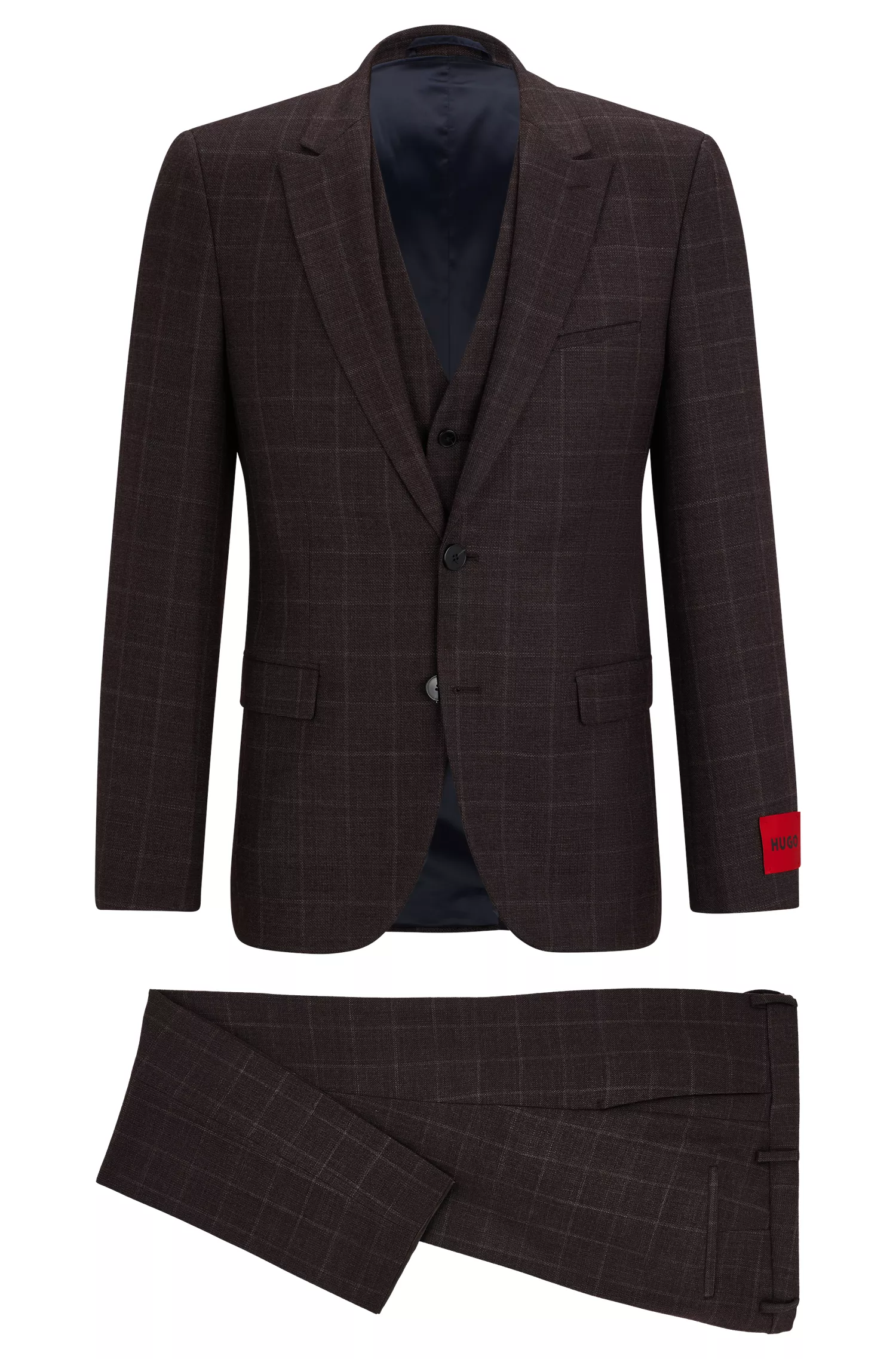 Terno HUGO vermelho, extra slim fit, em mistura de lã xadrez.