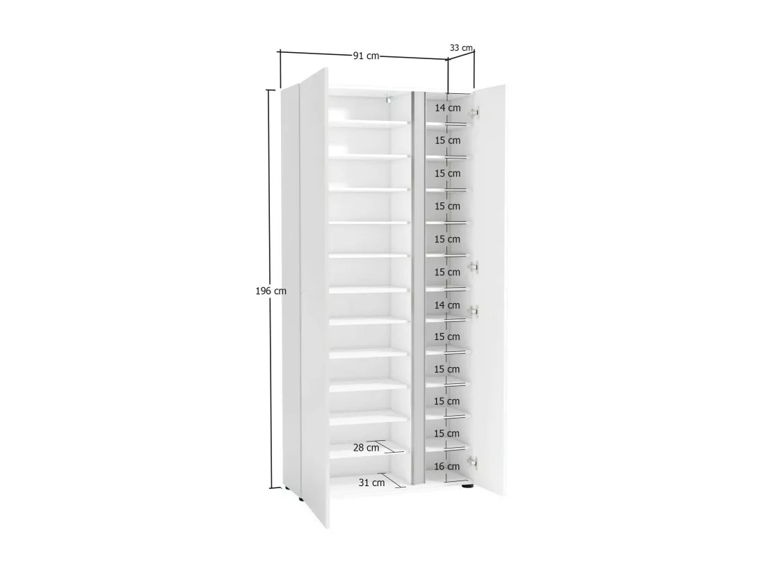 Meuble à chaussures Kinshasa, Meuble à chaussures, Armoire d'entrée polyvalente, Rangement pour chaussures, Made in Italy, 91x33h196 cm, Blanc brillant et anthracite