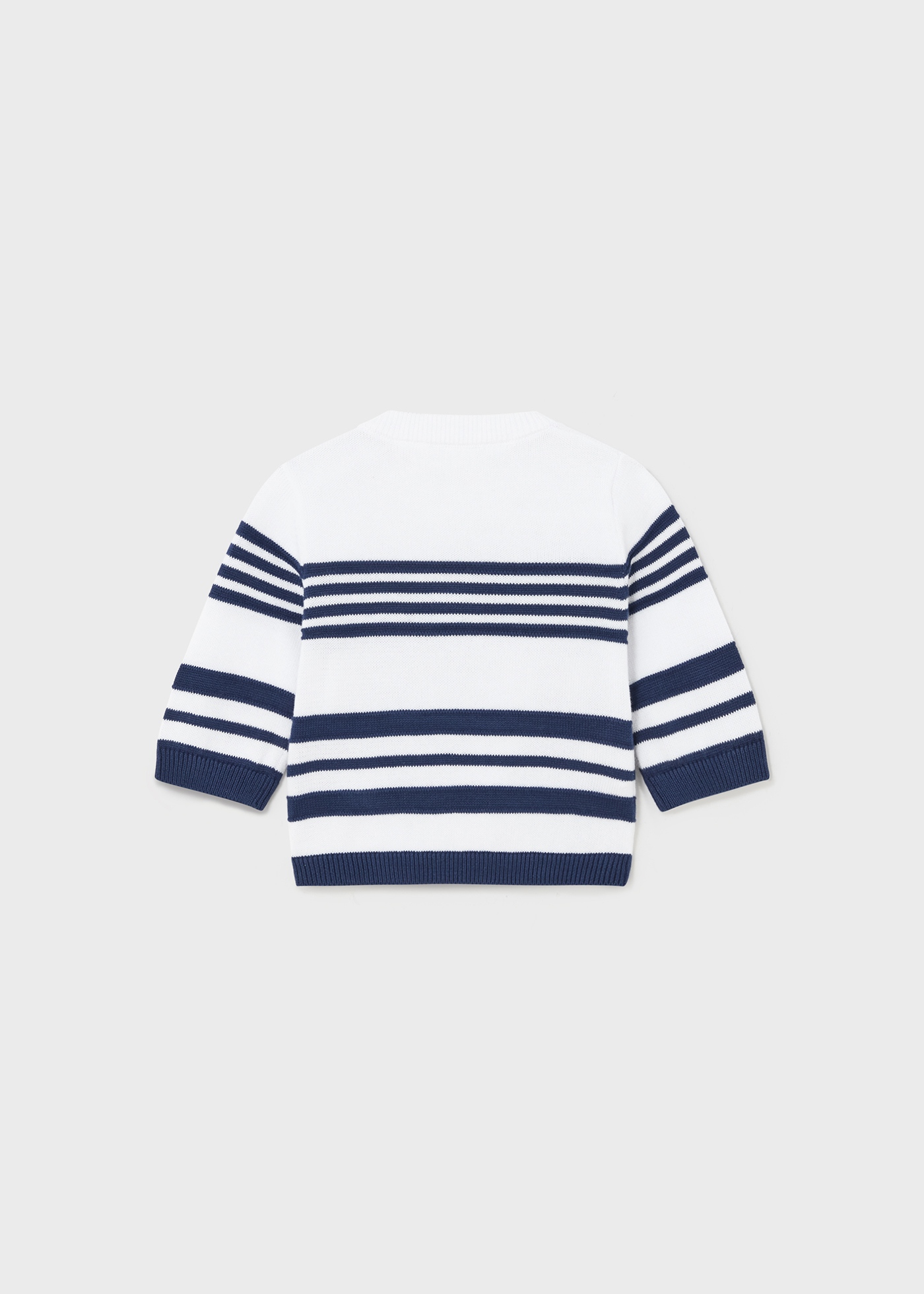 Malha de algodão Better Cotton para recém-nascidos, branco e azul-marinho.