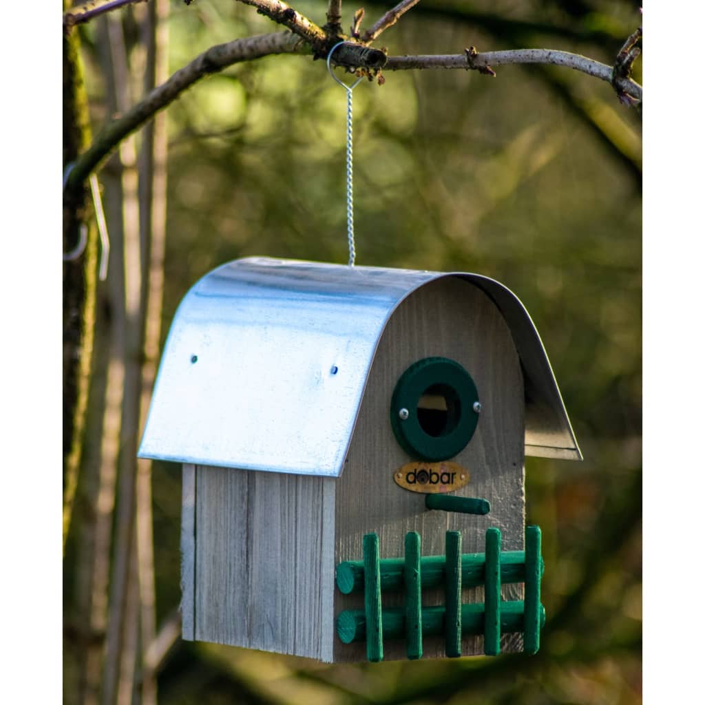 Nichoir à oiseaux teak toit arrondi en zinc naturel/vert/argenté