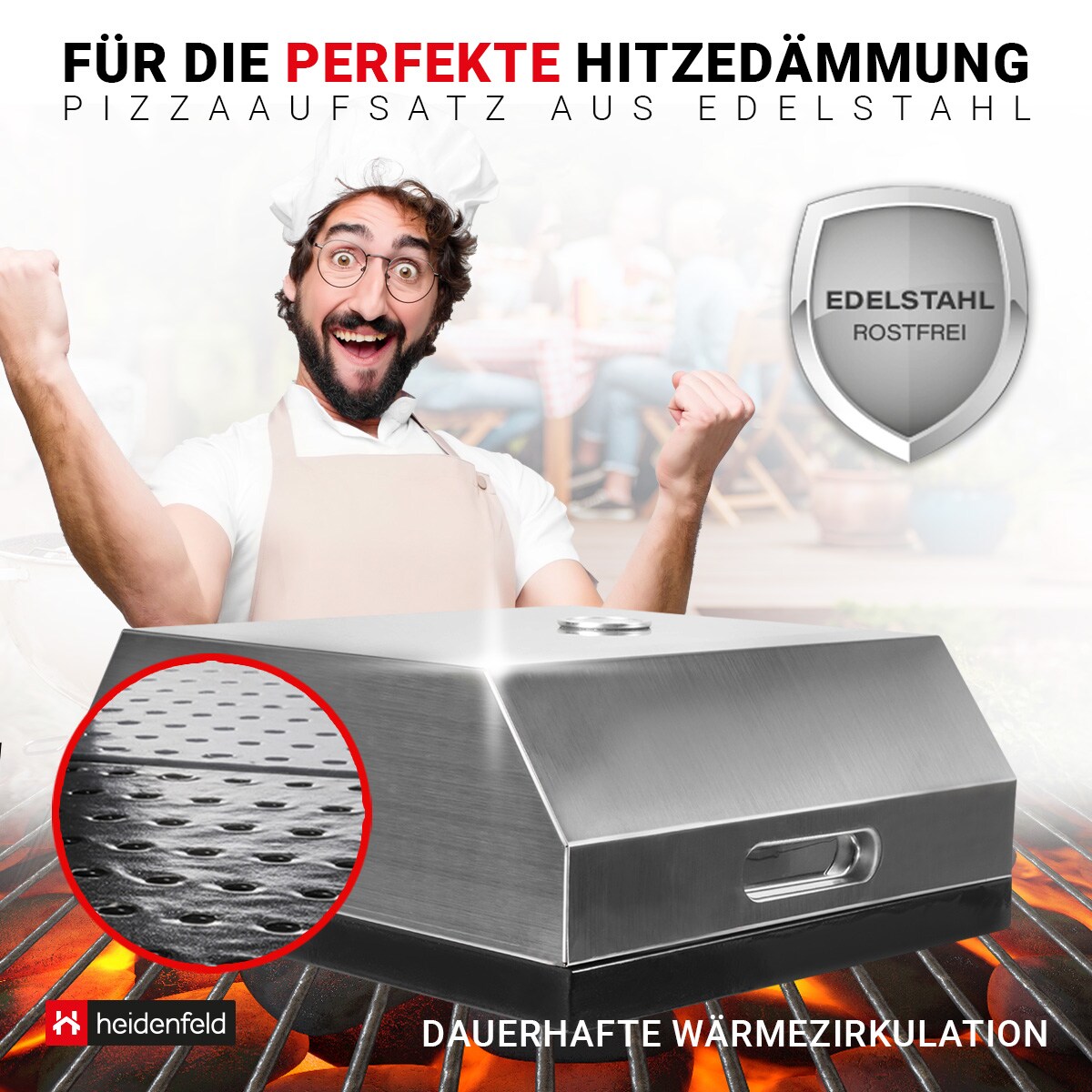 Heidenfeld Pizzaaufsatz Roma für Gasgrill und Holzkohlegrill, Edelstahl, mit Thermometer und Pizzastein