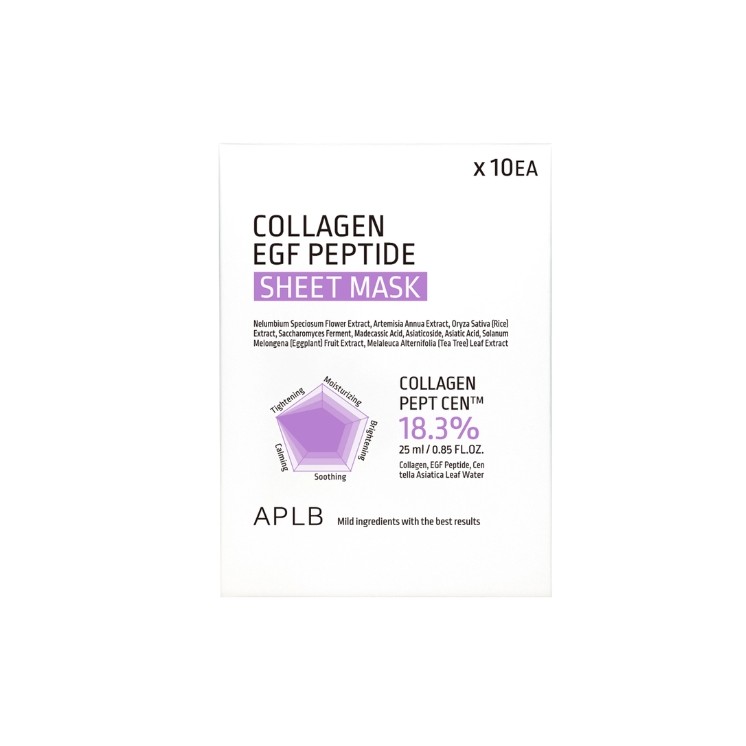 APLB Collagen EGF Peptide Tuchmasken-Set, Set mit feuchtigkeitsspendenden und straffenden Tuchmasken, 10 Stück à 25 ml