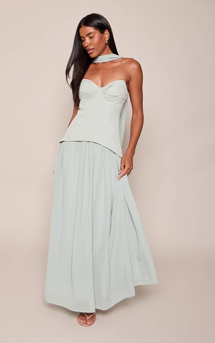 Vert Sauge Robe Longue À Superposition Corset Et Ourlet Plissé