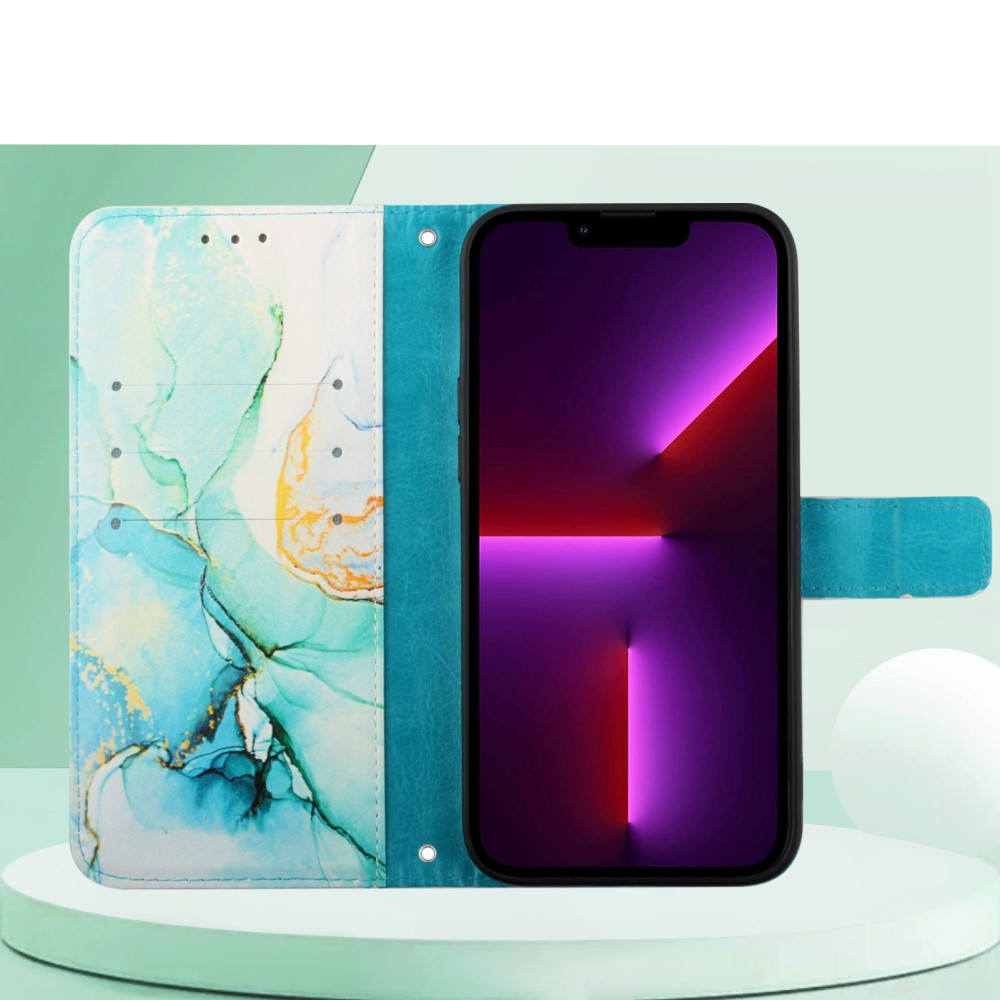 iPhone 12 / iPhone 12 Pro Leder Tasche mit Kartenfach   Handschlaufe Marble Marmor - Grün / Blau