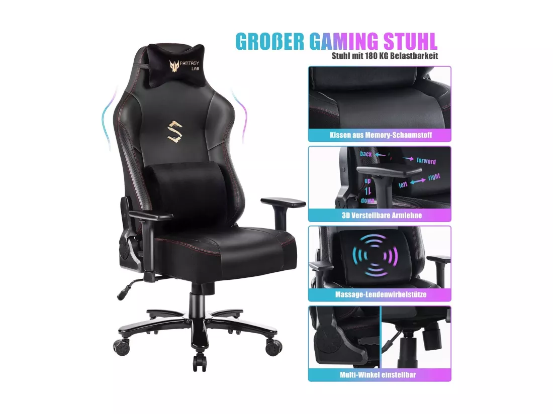 Chaise de jeu avec fonction de massage Chaise de jeu de course avec support lombaire massant Fauteuil de jeu Capacité de charge de 180 kg Grand coussin 55 * 52 cm Accoudoir réglable 3D