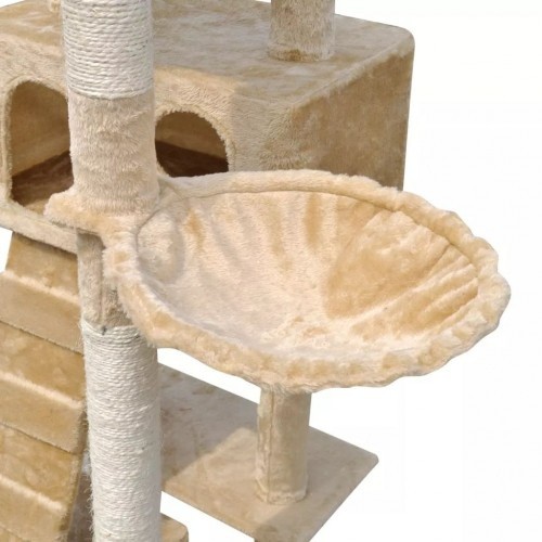 Arranhador bege para gatos com casinhas.