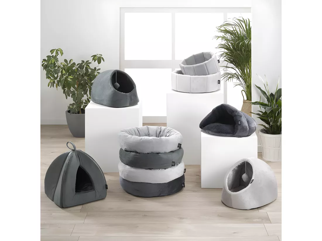 Niche avec jouet suspendu pour animaux - Gris - L 35 x l 38 x H 26 cm - Gamme Sweet Cat