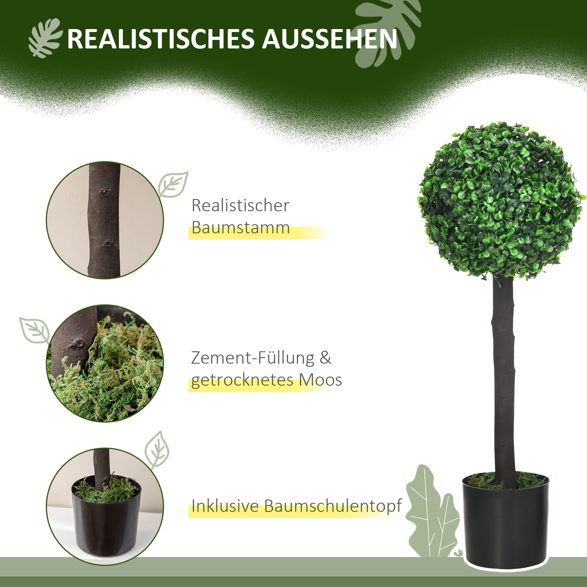 HOMCOM Kunstpflanze mit Übertopf grün 20L x 20B x 60H cm
