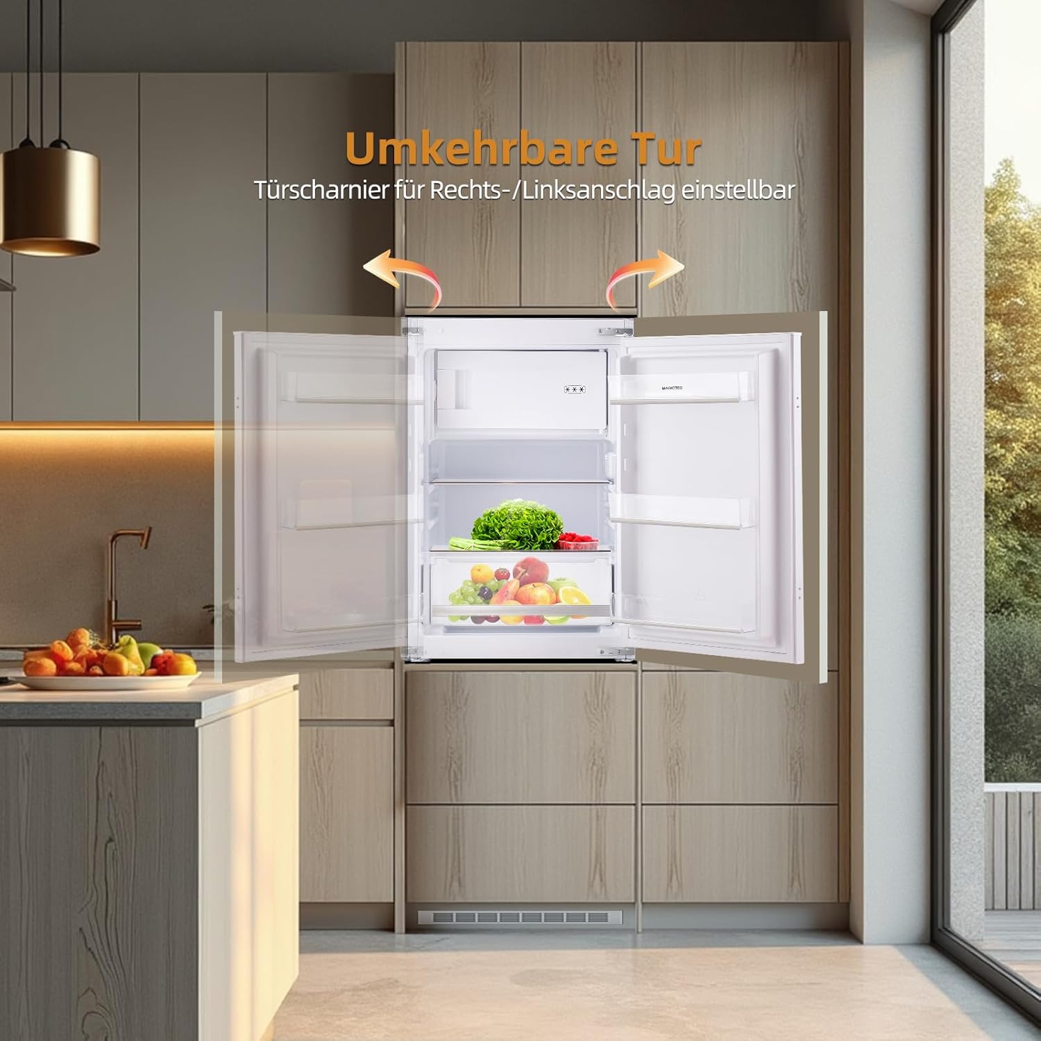 magictec MSR118BI Einbau-Kühlschrank mit Gefrierfach | 118L (102L/16L) | Temperaturregelung | 88 cm Nische | Kühl-Gefrier-Kombination mit wechselbaren Türsc