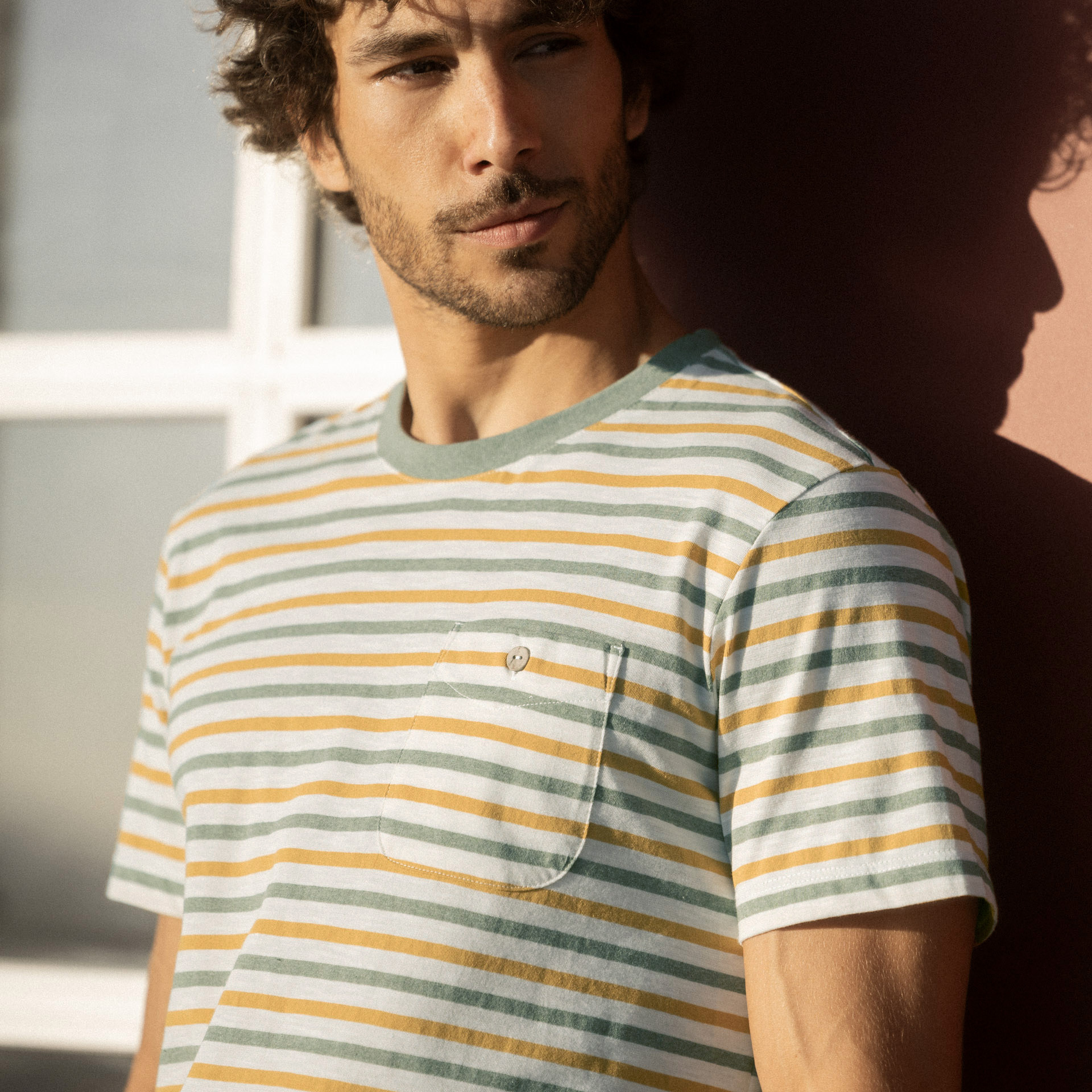 T-shirt rayé vert & ocre coton et coton recyclé - modèle olonne