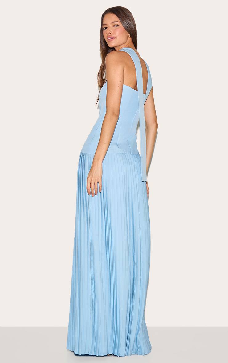 Bleu Pâle Robe Maxi Plissée Asymétrique En Tissu Tissé