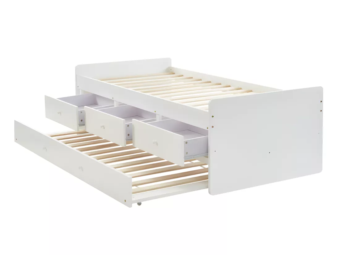Lit gigogne TITOUAN avec 3 tiroirs - 90 x 190 cm - MDF et Pin - Blanc