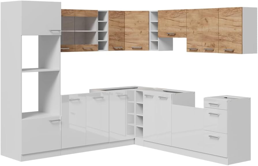 Vicco Eckküche R-Line, Goldkraft Eiche/Weiß, 247 x 60 cm zweifarbige Schränke, AP Eiche