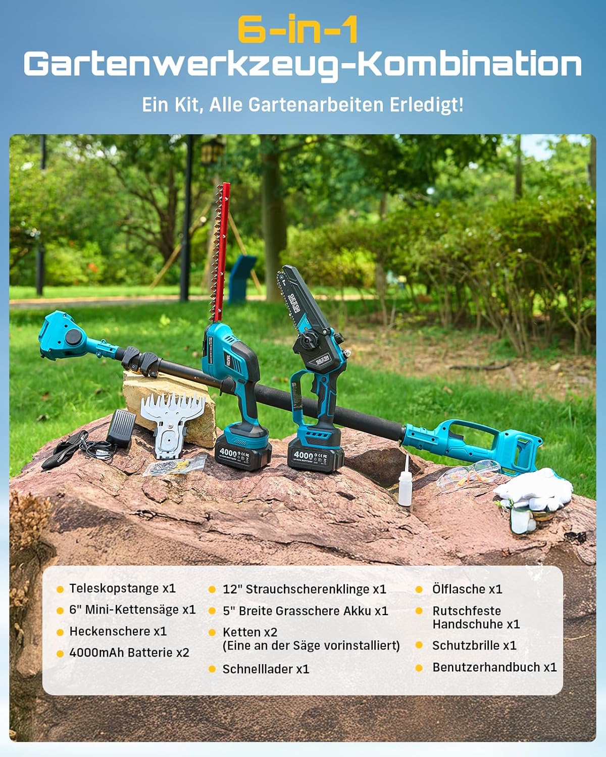 SEESII 6-in-1 Mini Kettensäge & Akku Heckenschere Set, Hochentaster mit 2 * 4000mAh Akkus, Maximale Reichweite bis zu 4,57m, Geeignet für Gartenpflege und zum Holzfällen