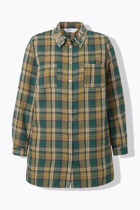 Hemdbluse, Boxy Shape, Karo, Strass am Kragen