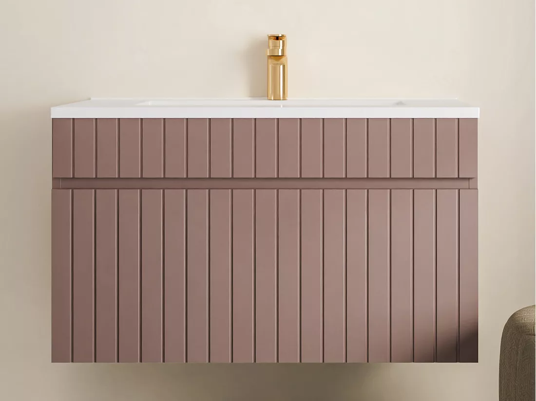 Meuble de salle de bain suspendu strié rose avec vasque à encastrer - 80 cm - SATARA