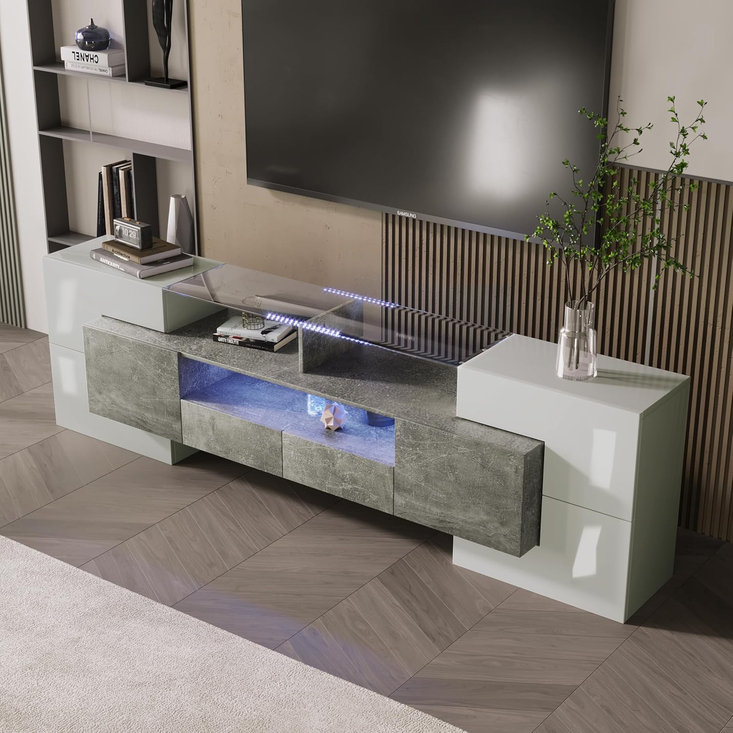 LED TV Lowboard in Hochglanz Weiß und Schwarz, 200 cm Breite, Modernes Wohnzimmer Sideboard mit LED-Beleuchtung, Elegante Glasoberfläche (Grey)