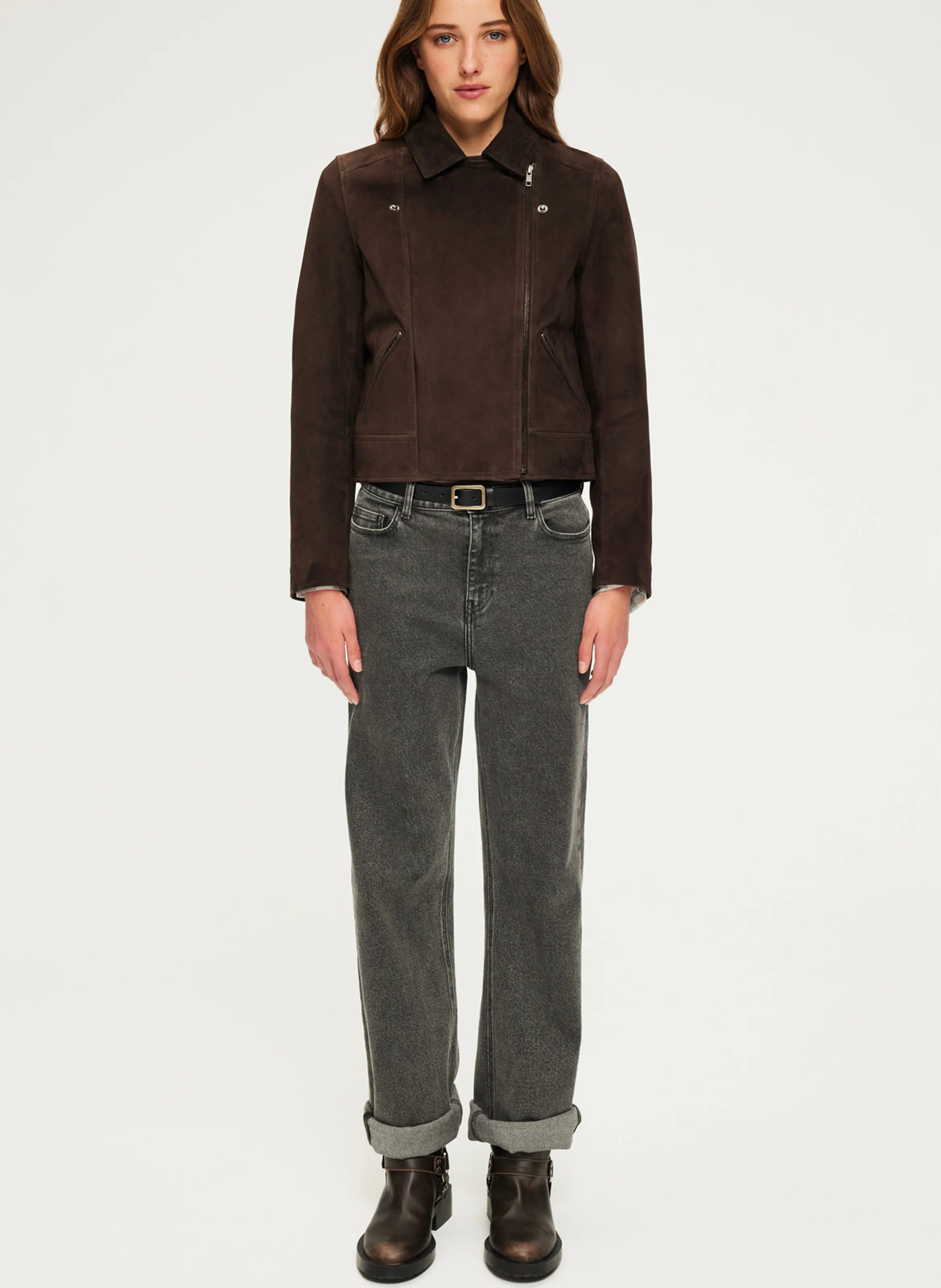BIBIANE - Veste droite col tailleur en cuir | Marron