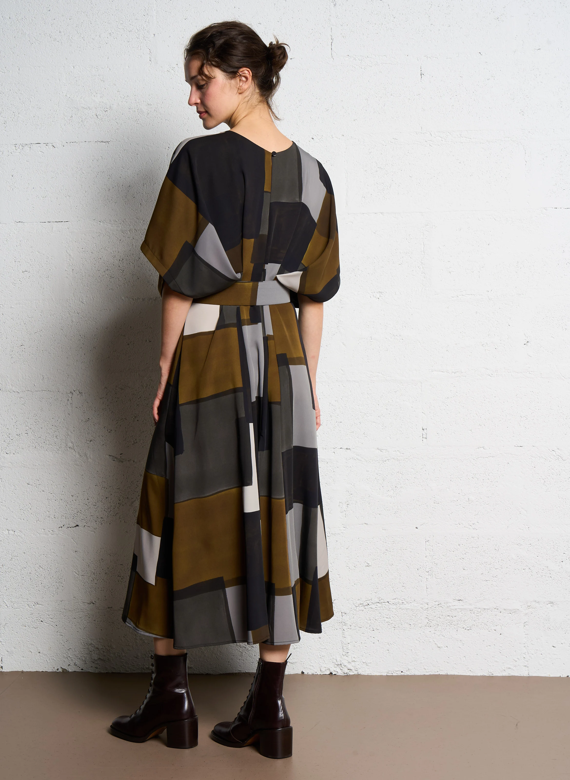 Robe longue col rond imprimée | Gris