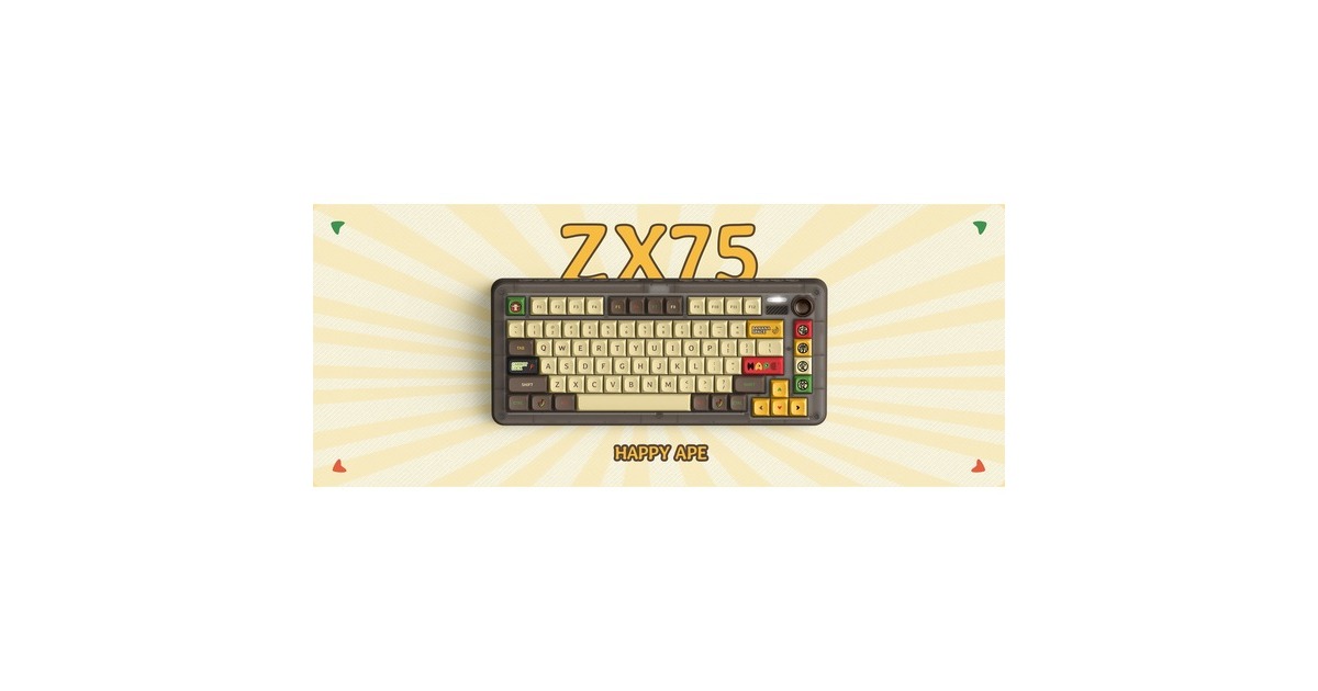 IqunixZX75 Happy Ape Wireless Mechanical Keyboard, gaming toetsenbord  (Bruin/geel, US lay-out, TTC Holy Panda, RGB leds, 75%, Hot-swappable, Double-shot PBT, 2.4GHz | Bluetooth 5.1 | USB-C)