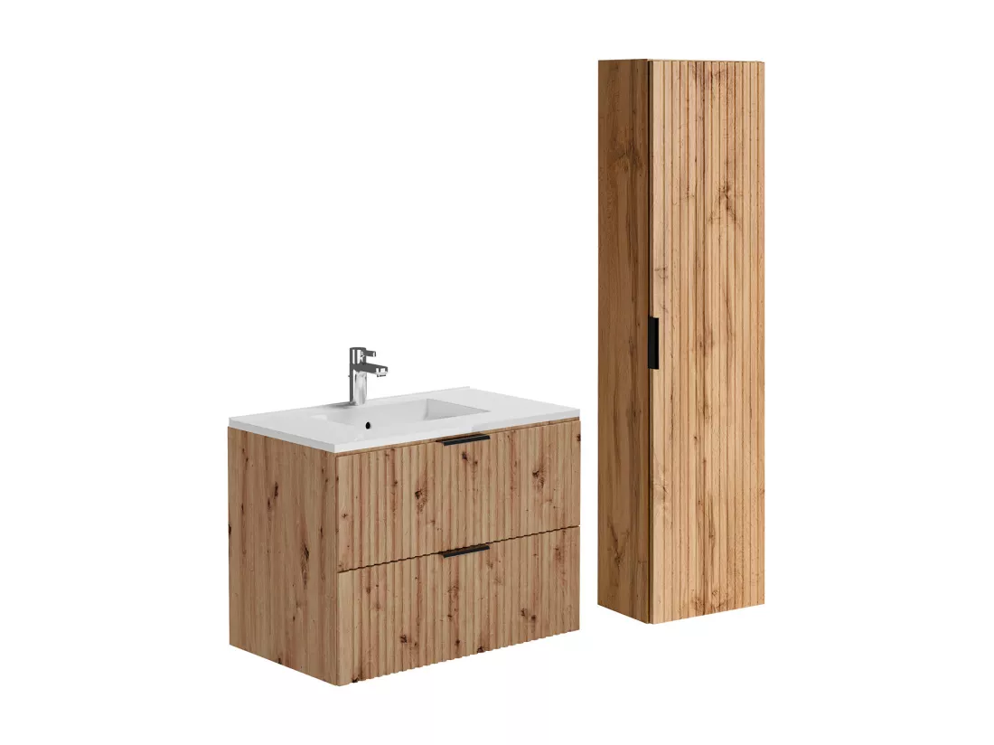 Meuble de salle de bain suspendu strié avec vasque à encastrer et colonne - Coloris naturel clair - 80 cm - ZEVARA
