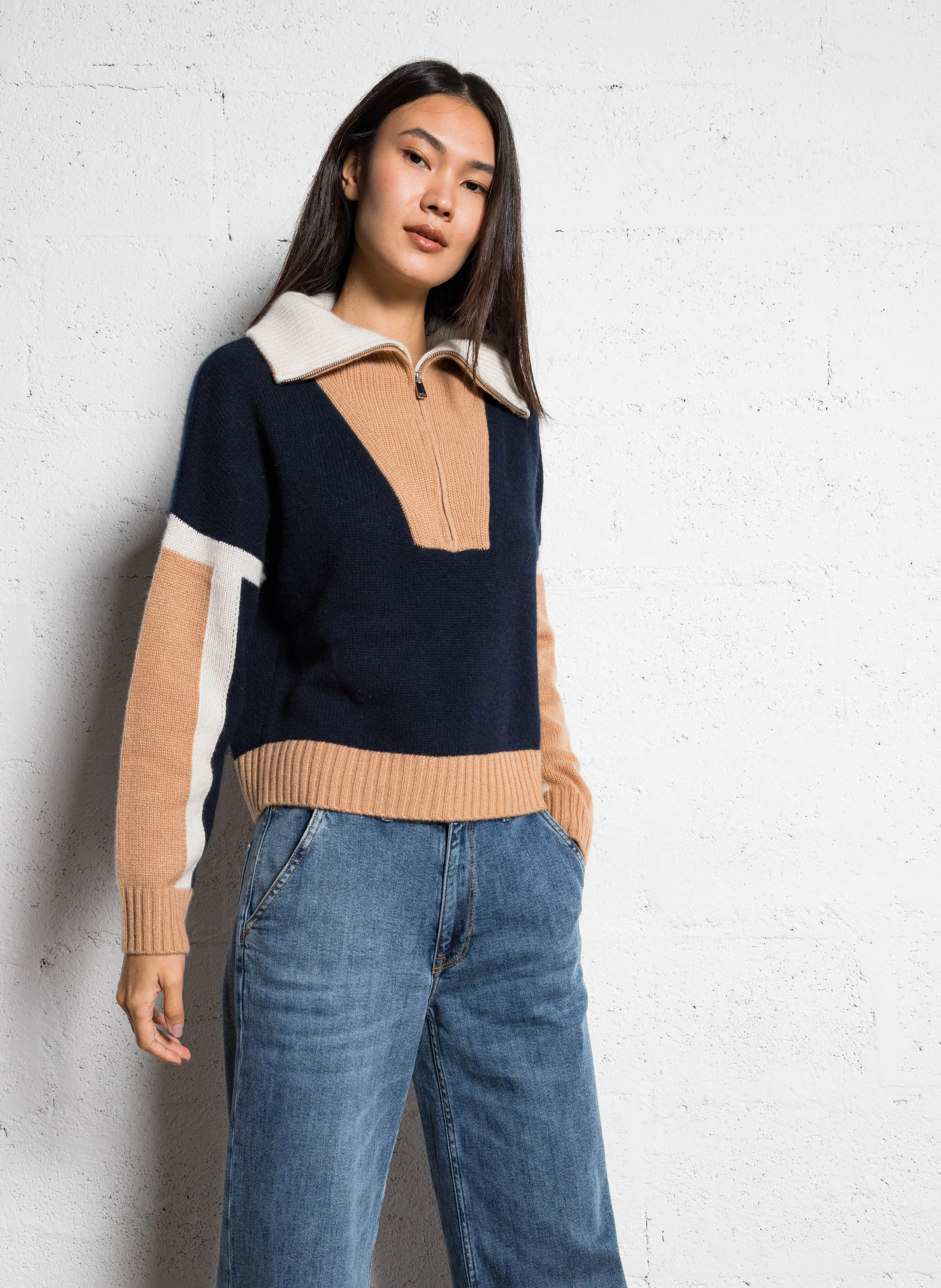 Pull tricolore en cachemire| Bleu