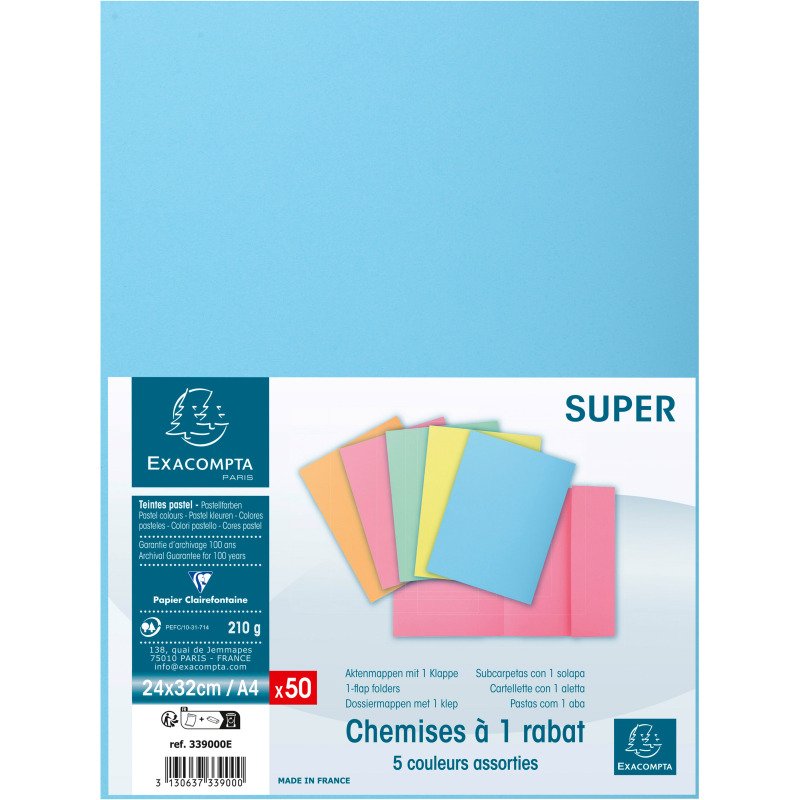 Chemise dossier 1 rabat latéral Exacompta 24 x 32 cm couleurs pastel - Paquet de 50