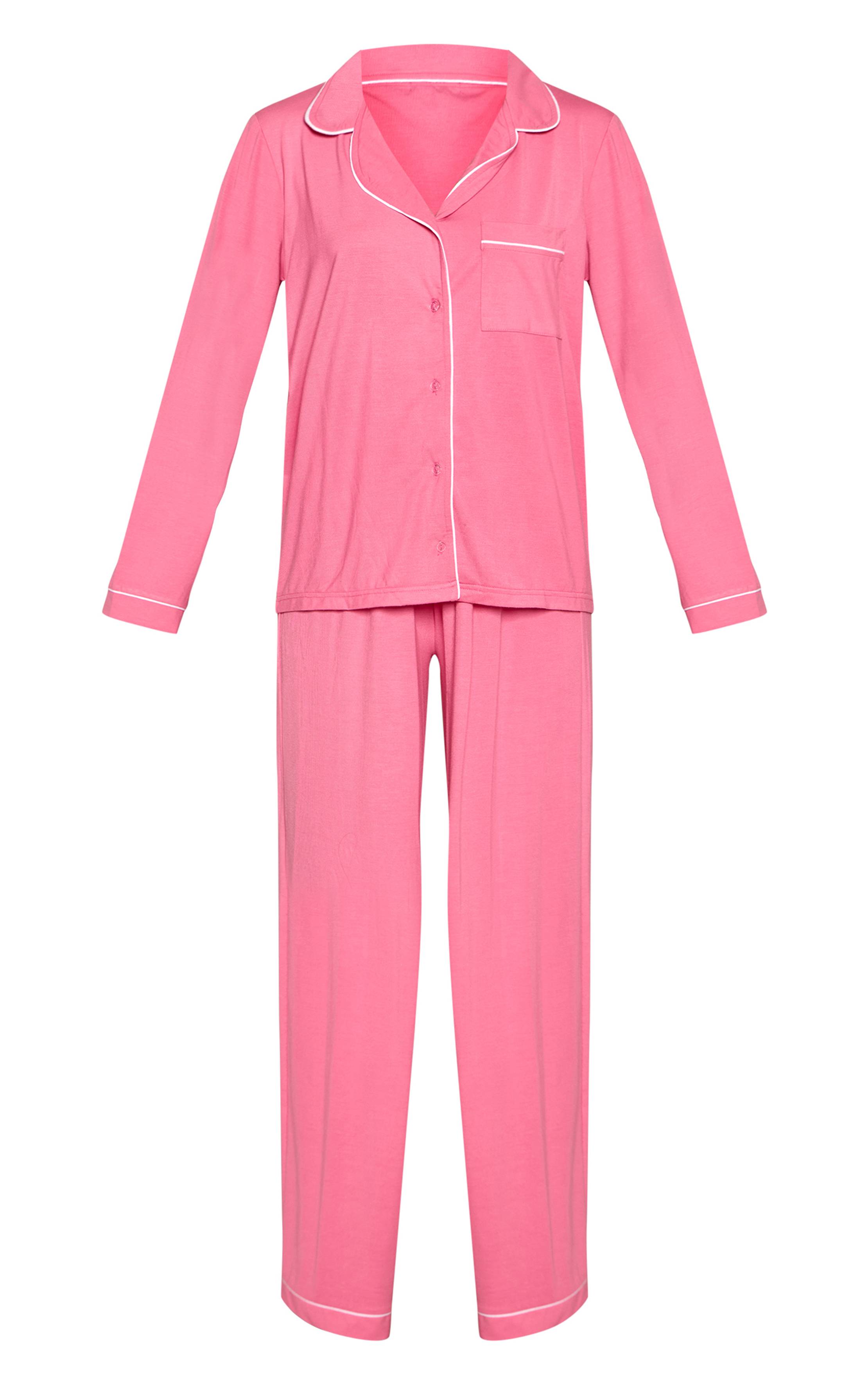 Rose Vif Ensemble Pyjama Haut Manches Longues Et Pantalon En Jersey Doux Avec Passepoil