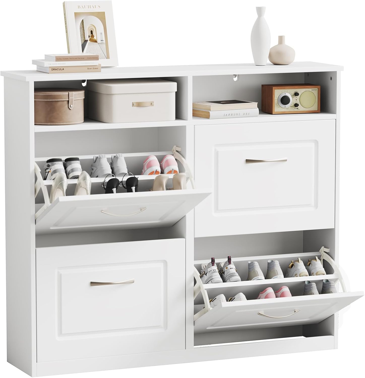Sweetcrispy Schuhschrank mit 4 Klappen, schmaler Schuhkipper mit offenen Ablagefächern, verstellbare Trennwände, platzsparend für Flur/Diele/Eingang, 104 x 90 x 24 cm, Weiß