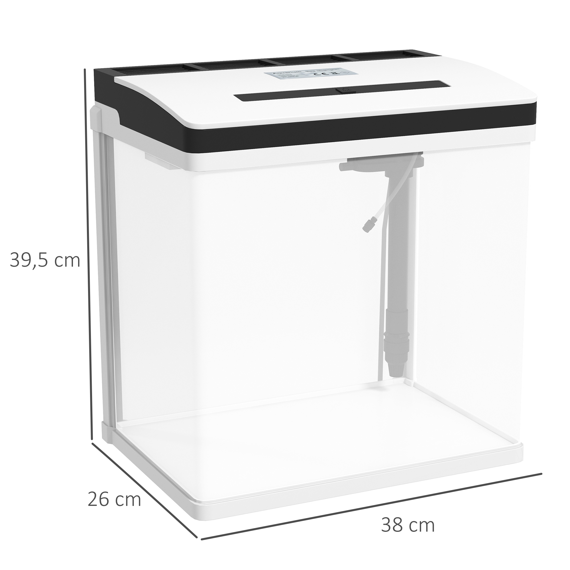 Aquário de vidro PawHut de 28 litros, pequeno, com sistema de filtragem, iluminação LED e bomba de água, 38 x 26 x 39,5 cm, branco.