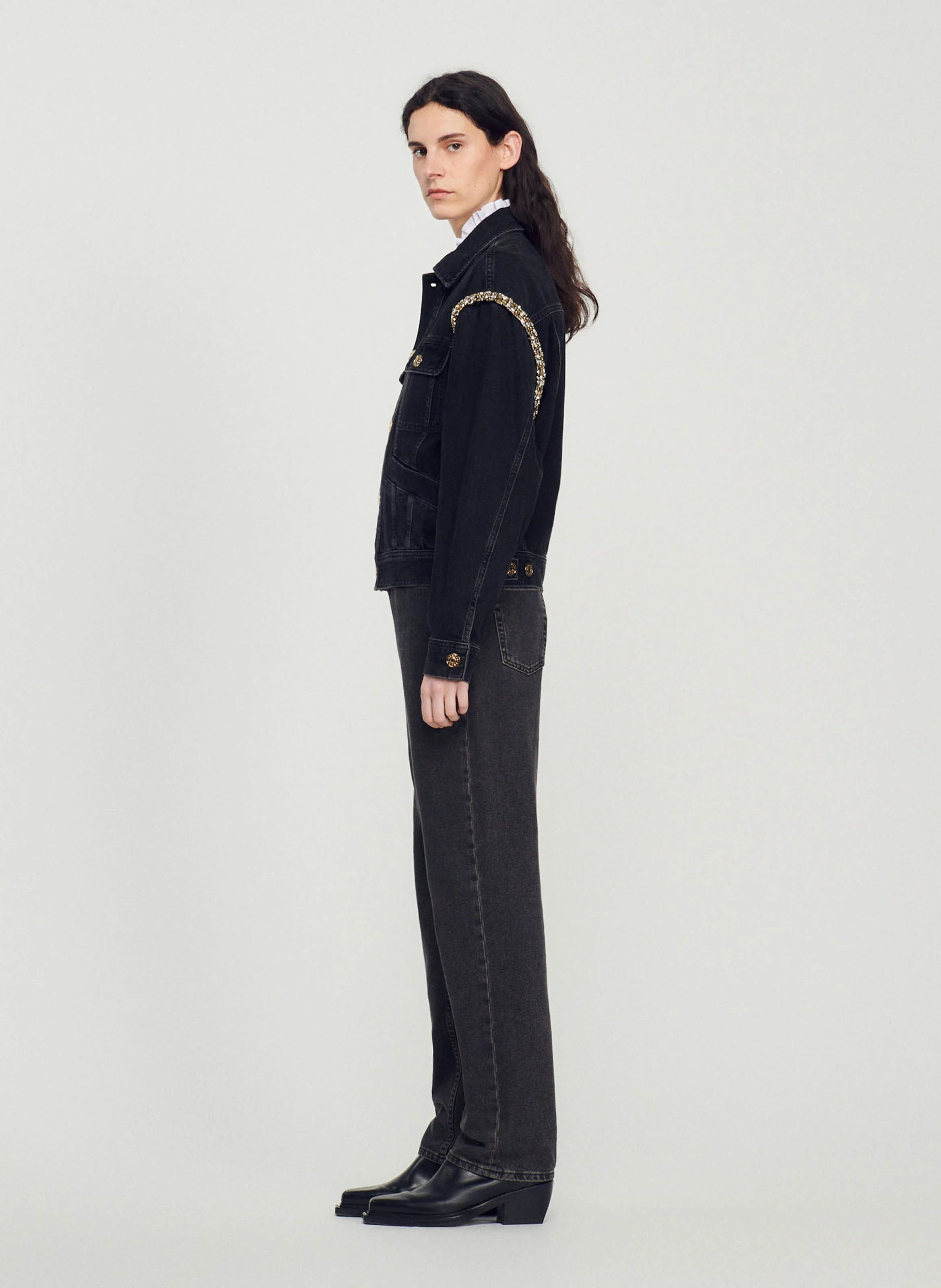 Veste en jean col classique avec strass | Noir