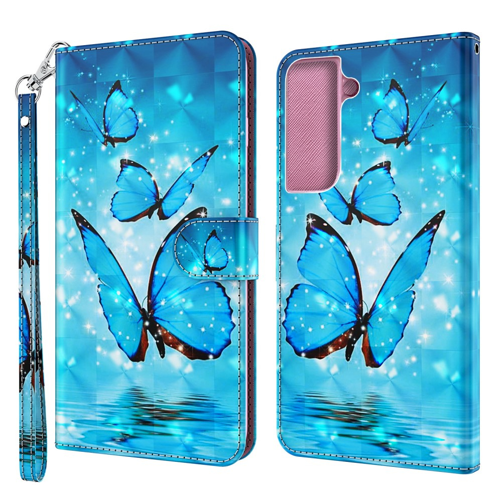 Samsung Galaxy S22 5G Leder Tasche mit Kartenfächern - Blaue Schmetterlinge